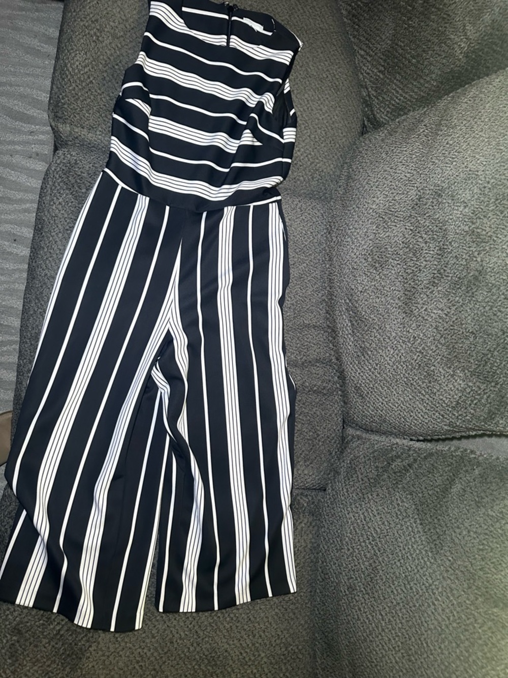 New York & Company Black and White Striped Strapless Wide-Leg Jumpsuit